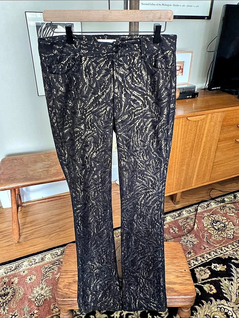 Caché Abstract Lace Metallic Pants in Black & Gold Size 4